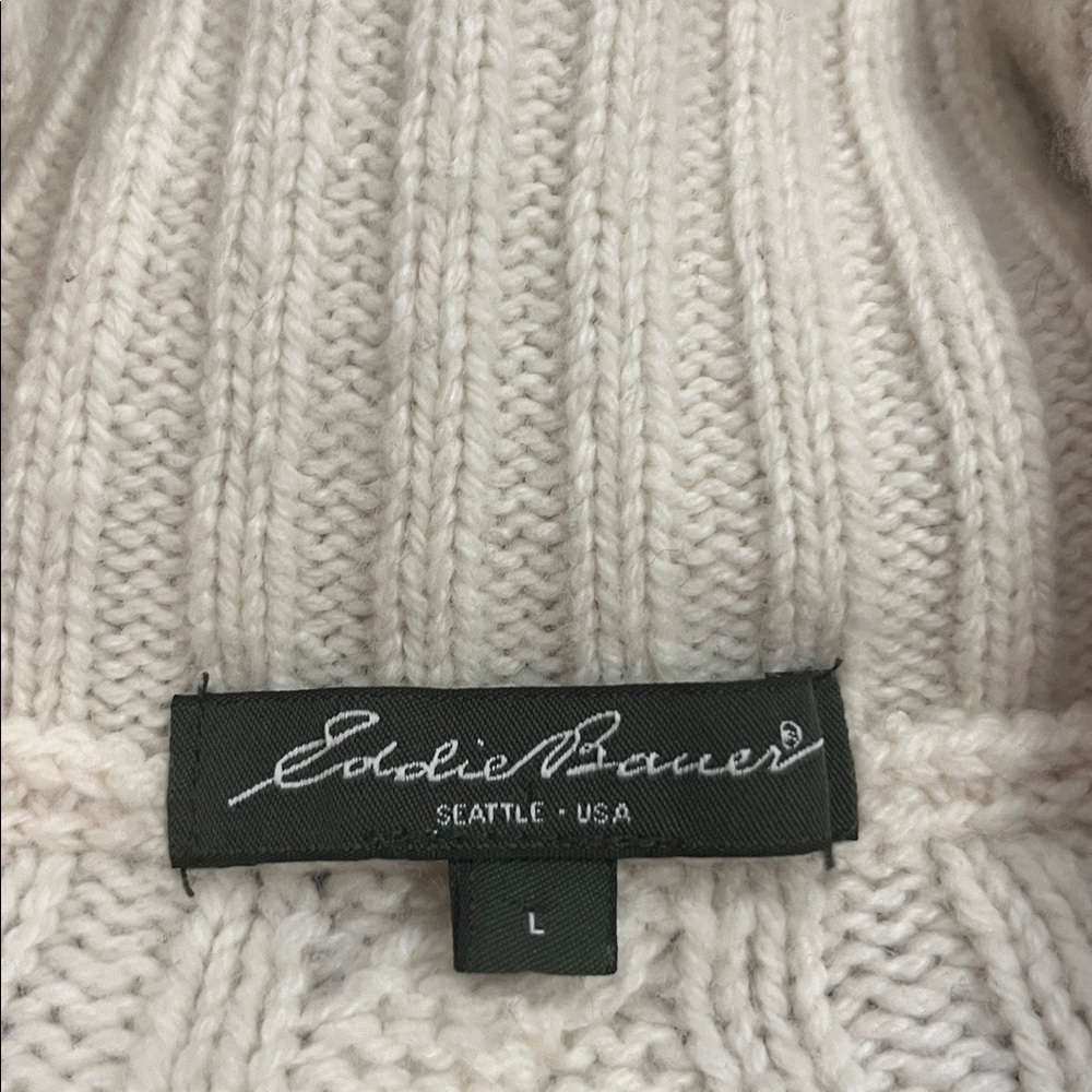 Eddie Bauer merino wool blend cable knit shawl collar cardigan sweater cream L - Picture 7 of 8